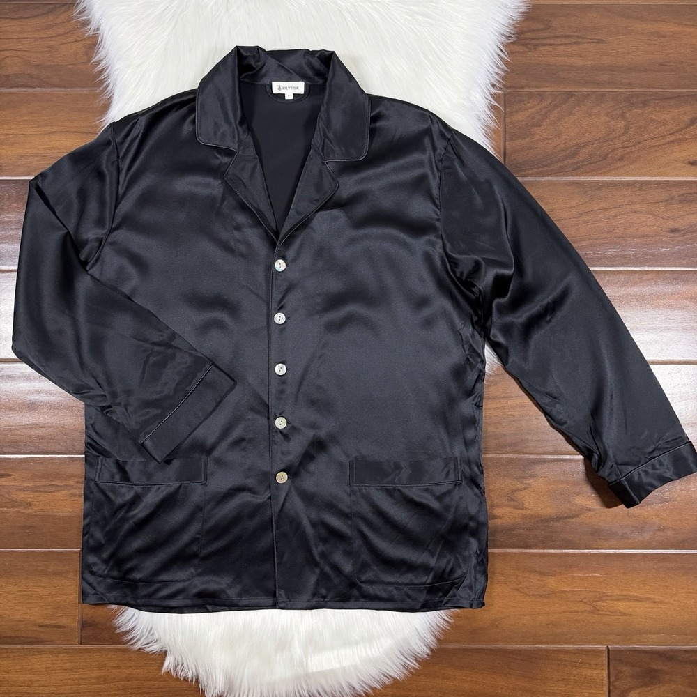 Lilysilk Men's Size Small Black Mulberry Silk Button Pajama Shirt Long Sleeve